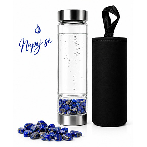 Skleněná láhev na vodu Napij se moudrosti – Lapis lazuli pro pravdu, intuici a harmonii | s vyměnitelnou minerální směsí | 500 ml Skleněná láhev na vodu Napij se moudrosti – Lapis lazuli pro pravdu, intuici a harmonii | s vyměnitelnou minerální směsí | 500 ml