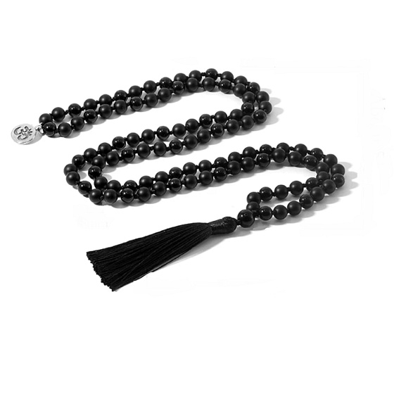 108 Mala Onyx náhrdelník matný meditačný šperk, prírodný kameň, uzlíkový strapec, korálik 8 mm