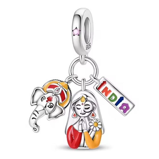 Charm Indie Ganéša a Namasté – 3v1 symbol šťastia, ochrany a spomienka na krajinu farieb | Prívesok na náramok cestovanie