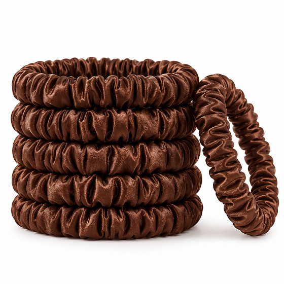 Hodvábna gumička do vlasov 100 % prírodný hodváb – šetrná scrunchie, čokoládovo hnedá 5 kusov