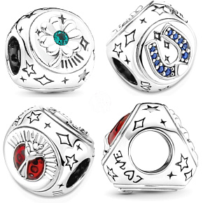 Strieborný 925 šarm Štvorlístok, podkova a beruška 3v1, korálik na náramok pre šťastie Strieborný 925 šarm Štvorlístok, podkova a beruška 3v1, korálik na náramok pre šťastie