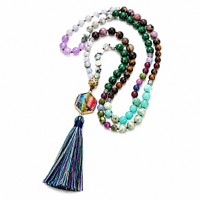 108 Mala 7 čakrový náhrdelník, NOC meditačné šperky, prírodný kameň, elastický, strapec 8 cm, korálky 6+8 mm