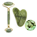 Jade Gua Sha 5 x 8 cm + masážny valček 14 x 5,5 cm redukuje vrásky, opuchy, zlepšuje elasticitu pokožky, sada bez obalu
