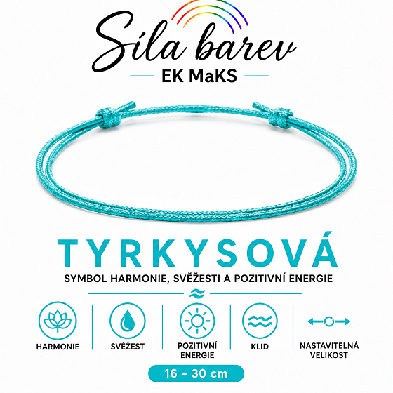 Šňůrkový náramek Síla barev – Tyrkysová | Symbol harmonie, svěžesti a pozitivní energie | nastavitelný 16 - 30 cm