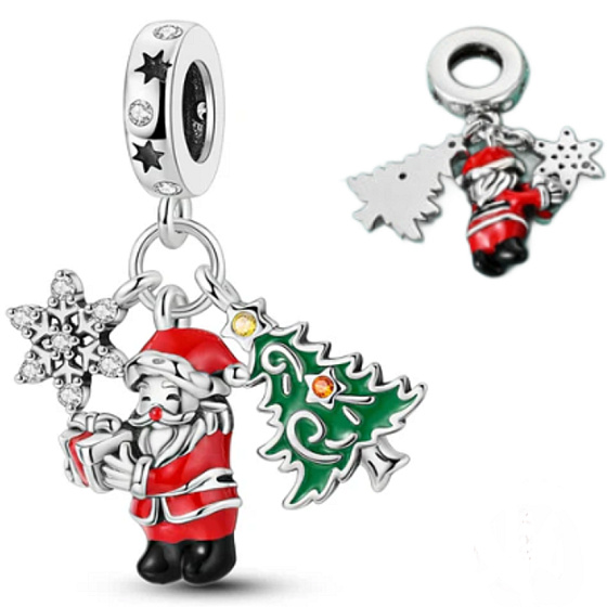 Charm Striebro 925 Vianočný 3v1 Santa, stromček a hviezda, prívesok na náramok Vianoce