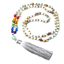 108 Mala 7 čakrový náhrdelník, amazonit, meditačný šperk, prírodný kameň viazaný, elastický, strapec 8 cm, korálik 6 mm