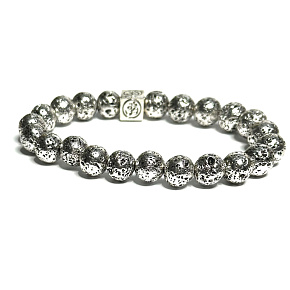 Lávové striebro tmavej farby s kráľovskou mantrou Om, náramok z elastického prírodného kameňa, guľôčka 8 mm / 16-17 cm, zrodené zo štyroch živlov