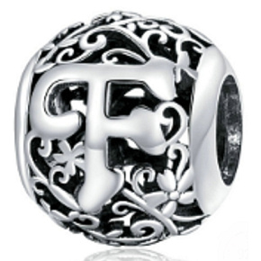 Striebro 925 Magické písmeno abecedy F s kvetmi, korálik na náramok
