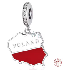 Charm Sterlingové stříbro 925 Polsko vlajka - houpající se mapa, přívěsek na náramek cestování Charm Sterlingové stříbro 925 Polsko vlajka - houpající se mapa, přívěsek na náramek cestování