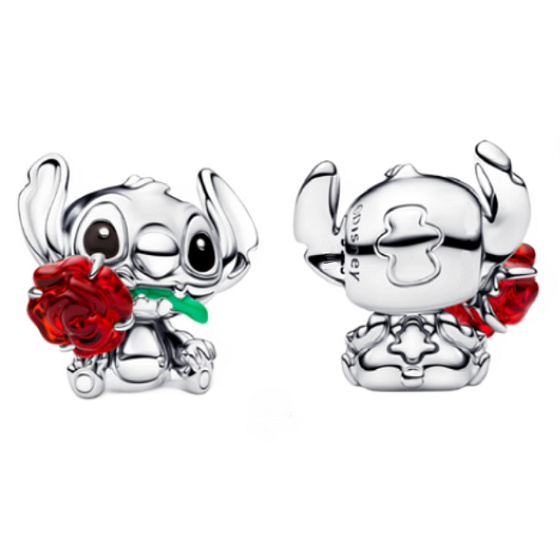 Charm Sterlingové stříbro 925 Disney Lilo a Stitch, Stitch s růží, korálek na náramek, láska, něha a ohana, film