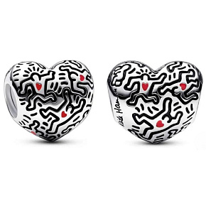Šarm Sterling Silver 925 Keith Haring Heart Art Lines and People Bead Bracelet Symbol