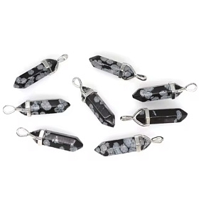 Obsidián vločkový Kyvadlo šesťhran prívesok prírodný kameň 41 x 13 mm, ručne vyrezávaný, kameň záchrany, 1 kus