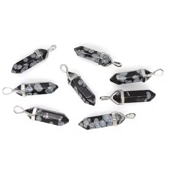 Obsidián vločkový Kyvadlo šesťhran prívesok prírodný kameň 41 x 13 mm, ručne vyrezávaný, kameň záchrany, 1 kus