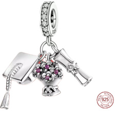 Striebro 925 Graduation - Absolventská čiapka, diplom, kvety, prívesok 3v1 Graduate na náramku