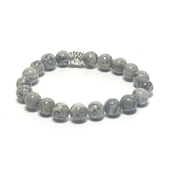 Mramorovo šedý náramok z elastického prírodného kameňa, guľôčka 8 mm / 16 - 17 cm