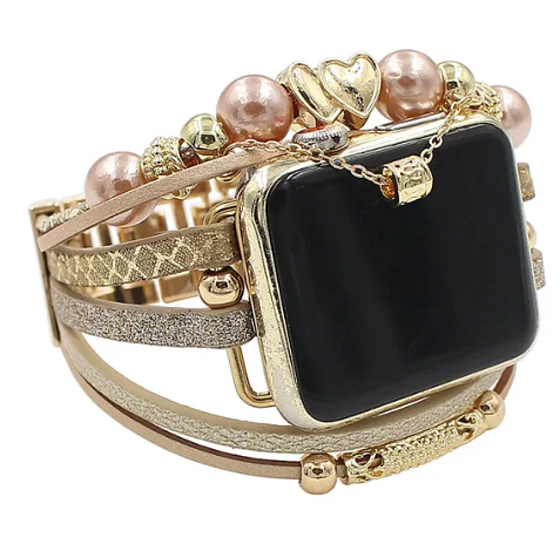 Ručne vyrobený zlatý remienok pre Apple Watch so srdiečkami, veľkosť 38/40/41 mm
