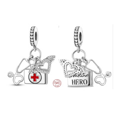 Charm Sterlingové stříbro 925 Lékař 3v1 stetoskop, lékárnička a přívěsek na náramek ve tvaru srdce s křídly zaměstnání