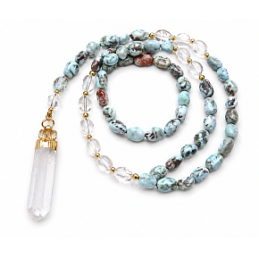 108 Mala Larimar náhrdelník meditačné šperky, prírodný kameň surový kryštál, nuget 6 - 9 mm, prívesok 8 - 15 x 45 - 70 mm