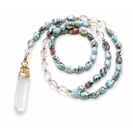108 Mala Larimar náhrdelník meditačné šperky, prírodný kameň surový kryštál, nuget 6 - 9 mm, prívesok 8 - 15 x 45 - 70 mm