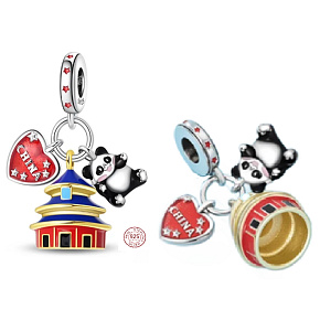 Charm Sterlingové stříbro 925 Čína – chrám Nebes, panda a harmonie světa, 3v1 přívěsek na náramek cestování