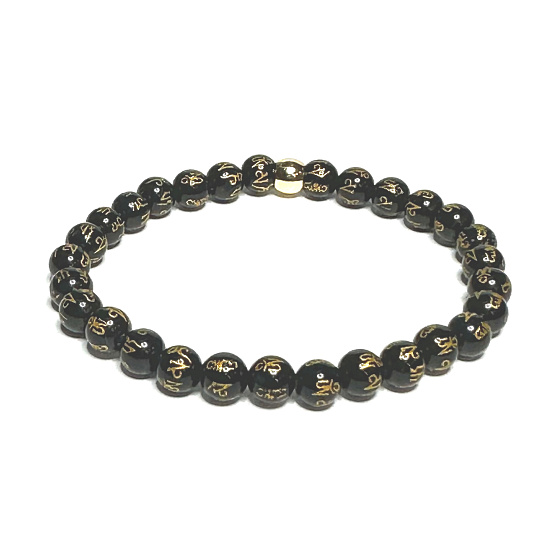 Achát čierny s kráľovskou mantrou Óm náramok elastický prírodný kameň, guľôčka 6 mm / 16 - 17 cm, dodáva odvahu a silu