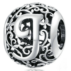 Striebro 925 Magické písmeno abecedy J s kvetmi, korálik na náramok