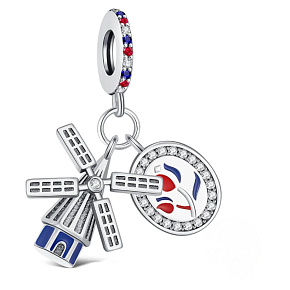 Charm Sterlingové stříbro 925 Nizozemsko Holandský mlýn, vlajka – tradice, klid severu, 2v1 přívěsek na náramek cestování