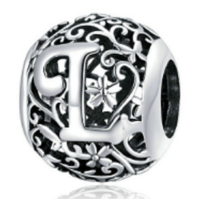 Striebro 925 Magické písmeno abecedy L s kvetmi, korálik na náramok