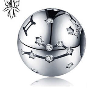 Striebro 925 znamenie zverokruhu Blíženci + zirkón, korálik na náramok 9 mm