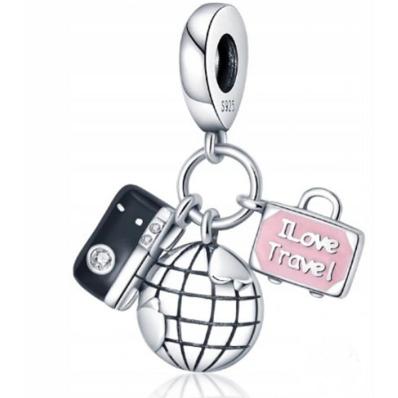 Charm Zemeguľa, fotoaparát, ružový kufor 3v1, prívesok na cestovný náramok