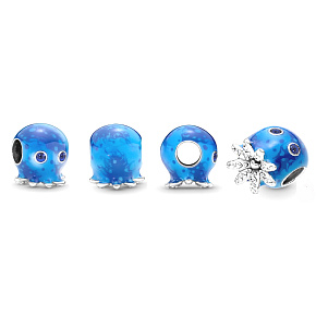 Charm Striebro 925 Chobotnica s bublinkami a vlnami oceánu, korálka na náramok more