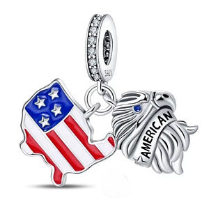 Charm Sterlingové stříbro 925 USA vlajka - houpající se mapa + symbol - orel, 2v1 přívěsek na náramek cestování Charm Sterlingové stříbro 925 USA vlajka - houpající se mapa + symbol - orel, 2v1 přívěsek na náramek cestování