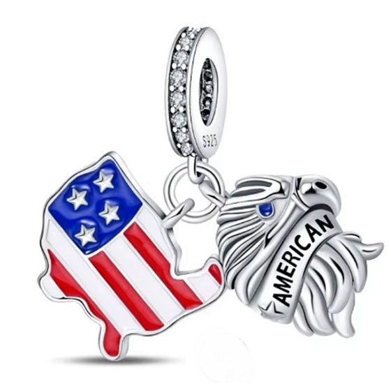 Charm Sterlingové stříbro 925 USA vlajka - houpající se mapa + symbol - orel, 2v1 přívěsek na náramek cestování