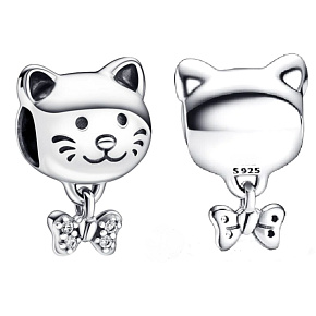 Prívesok Striebro 925 Mačka a mašľa, korálik na náramku zvieratko