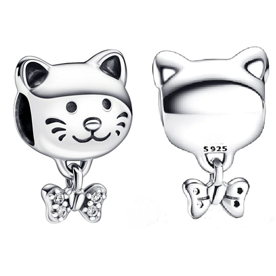 Prívesok Striebro 925 Mačka a mašľa, korálik na náramku zvieratko
