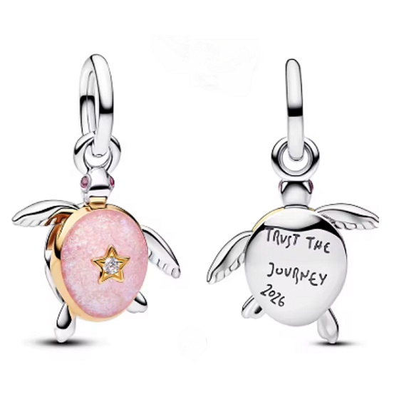 Charm Sterlingové stříbro 925 Želva Trust the Journey s růžovým kamenem, přívěsek na náramek zvíře