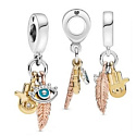 Šarm Striebro 925 Ochranný amulet, Fatimina ruka, oko proroka a pierko, talizman 3v1, náramok prívesok symbol