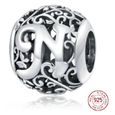 Striebro 925 Magic abeceda písmeno N s kvetmi, korálik na náramok