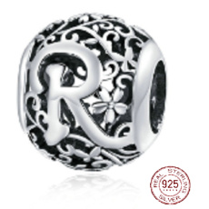 Striebro 925 Magické písmeno abecedy R s kvetmi, korálik na náramok