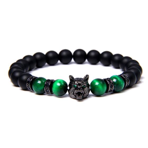 Lávová čierna + Tigrie oko zelené + Vlčia hlava náramok z elastického prírodného kameňa, guľôčka 8 mm / 21 cm