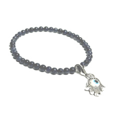 Zafír + Fatimina ruka odnímateľný prívesok, náramok elastický prírodný kameň, guľôčka 4 mm / 16-17 cm, kameň múdrosti, pravdy a intuície