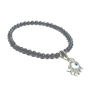 Zafír + Fatimina ruka odnímateľný prívesok, náramok elastický prírodný kameň, guľôčka 4 mm / 16-17 cm, kameň múdrosti, pravdy a intuície