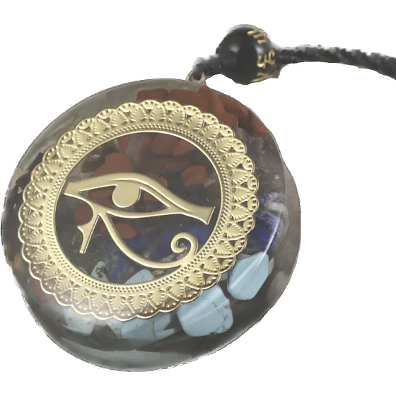 Orgonitový amulet, Oko rohu, generátor energie, prírodný kameň (7 čakier) + epoxidová živica + lano 22 g