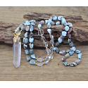 108 Mala Larimar náhrdelník meditačné šperky, prírodný kameň surový kryštál, nuget 6 - 9 mm, prívesok 8 - 15 x 45 - 70 mm