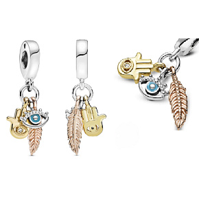 Šarm Striebro 925 Ochranný amulet, Fatimina ruka, oko proroka a pierko, talizman 3v1, náramok prívesok symbol