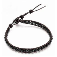 Obsidiánový kožený náramok z prírodného kameňa, ručne vyrobený, zapínanie, guľôčka 4 mm / 17 - 23 cm, záchranný kameň