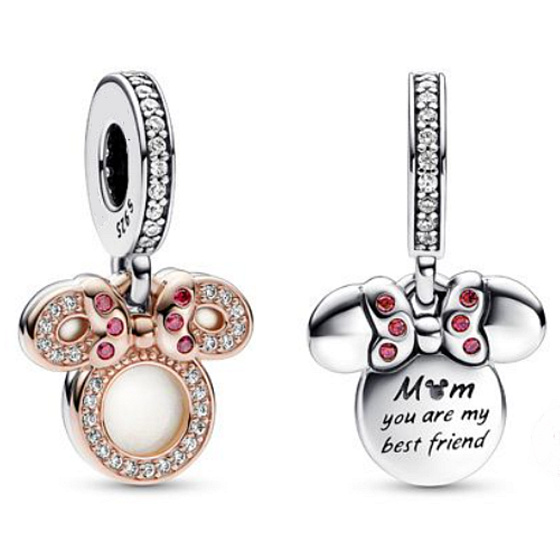 Strieborný 925 šarm Disney Minnie Mouse silueta 2v1 mama, náramok prívesok