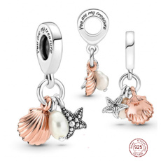 Charm Striebro 925 Morská hviezdica, Mušľa, sladkovodná perla, 3v1 prívesok na náramok, more