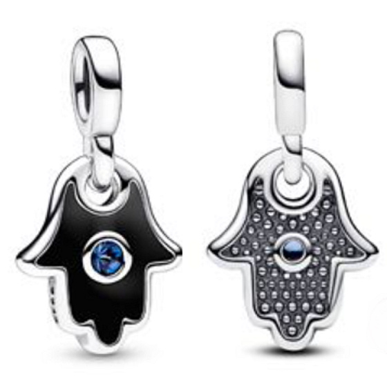 Strieborný prívesok 925 Hand of Fatima, Hamsa - Mini medailón s hviezdnym modrým kryštálom a čiernym smaltom, prívesok na náramok symbol