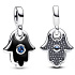 Strieborný prívesok 925 Hand of Fatima, Hamsa - Mini medailón s hviezdnym modrým kryštálom a čiernym smaltom, prívesok na náramok symbol